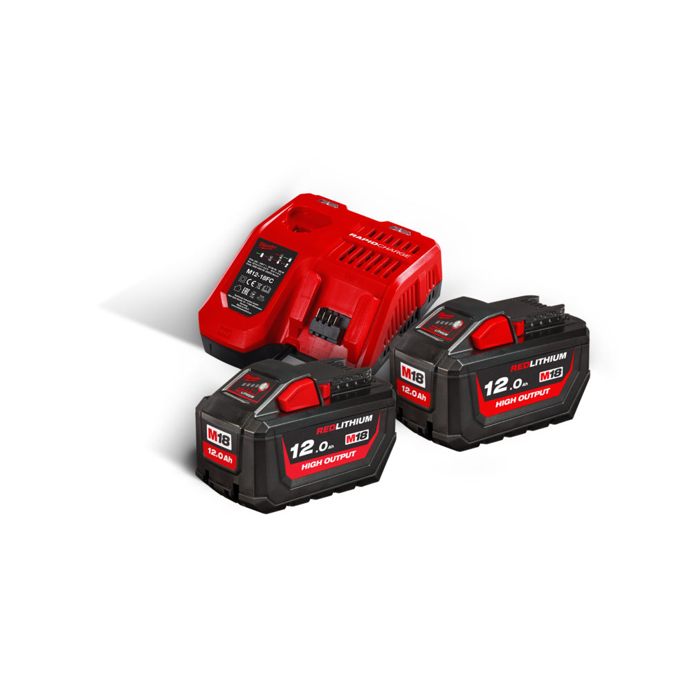 Milwaukee M18HNRG-112 M18HB12 High-Output 18V 12.0Ah Lithium-Ion Batteries (X2) & M12-18FC Fast Charger