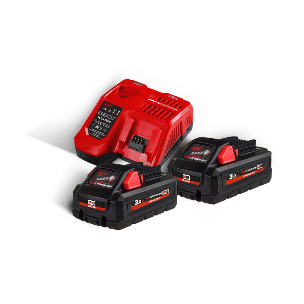 Milwaukee M18HNRG-302 M18HB3 High-Output 18V 3.0Ah Lithium-Ion Batteries (X2) & M12-18FC Fast Charger