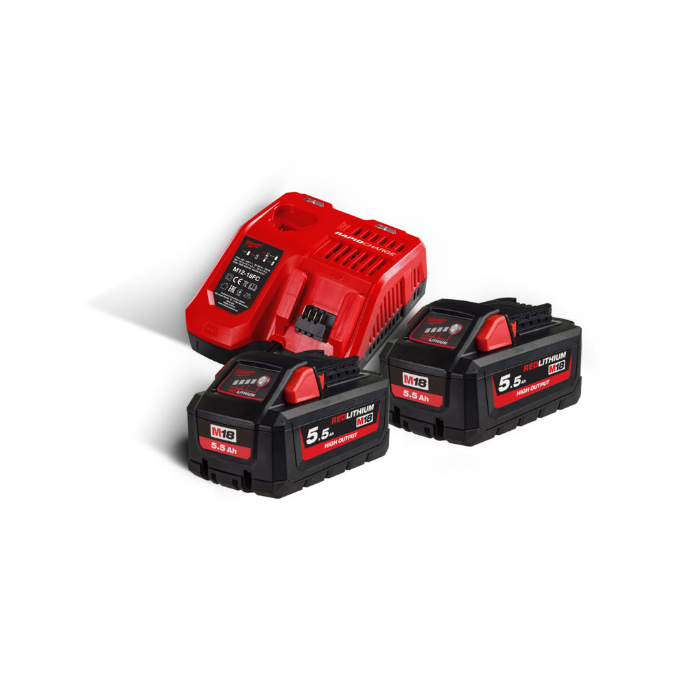Milwaukee M18HNRG-552 M18HB55 High-Output 18V 5.5Ah Lithium-Ion Battery (X2) &amp; M12-18FC Fast Charger