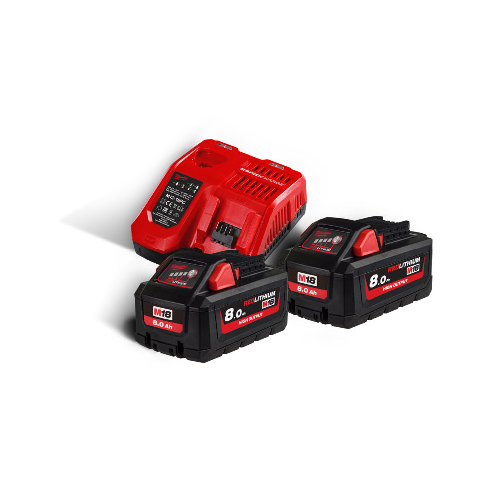 Milwaukee M18HNRG-802 M18HB8 18V 8.0Ah Lithioum-Ion Batteries (X2) &amp; M12-18FC Fast Charger