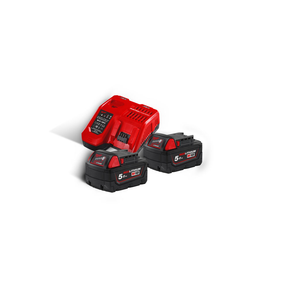 Milwaukee M18NRG-502 M18B5 18V 5.0Ah Lithium-Ion Battery Twin Pack & M12-18FC Fast Charger