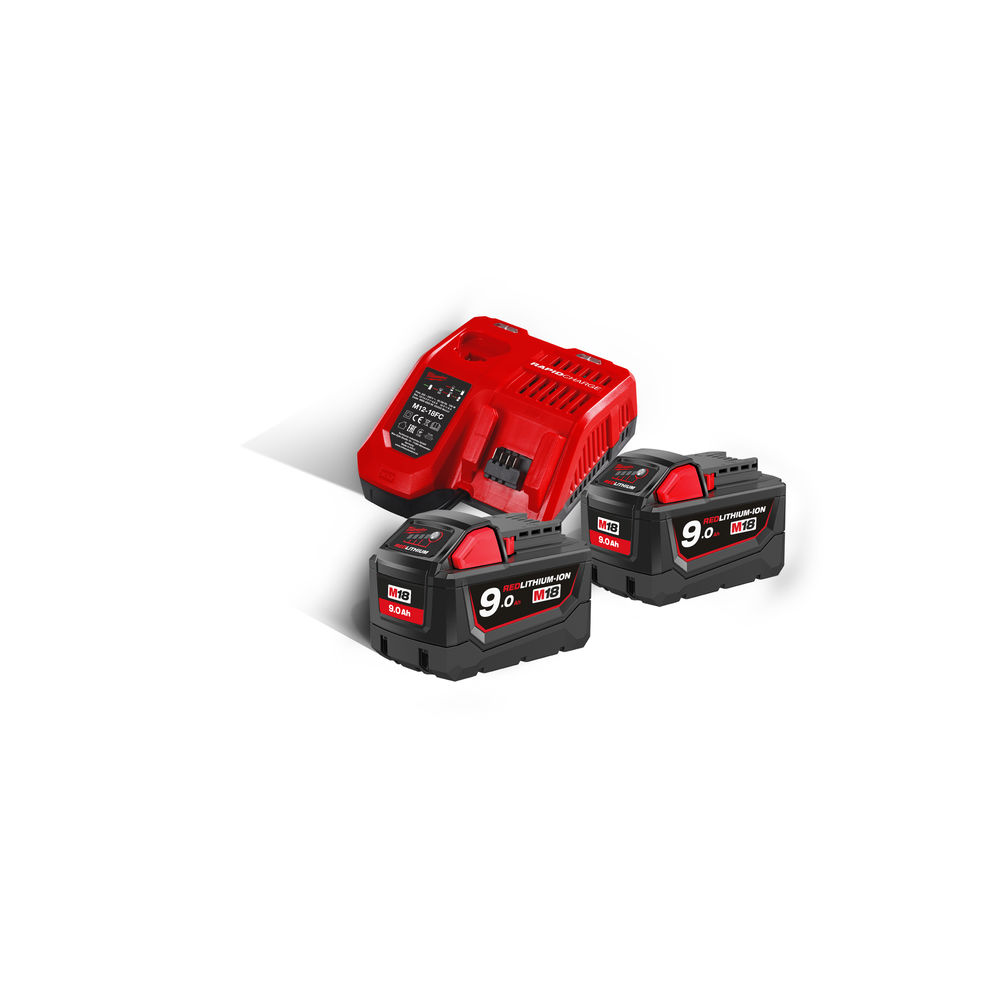 Milwaukee M18NRG-902 M18B9 18V 9.0Ah Lithium-Ion Battery Twin Pack & M12-18FC Fast Charger