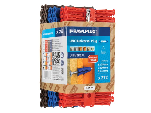 Rawlplug Uno Mixed Trade Pack - Red / Brown / Blue Rawplugs &amp; Drill Bits