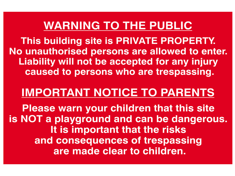 Scan Building Site Warning to Public &amp; Parents - PVC Sign 600 x 400mm SCA4251