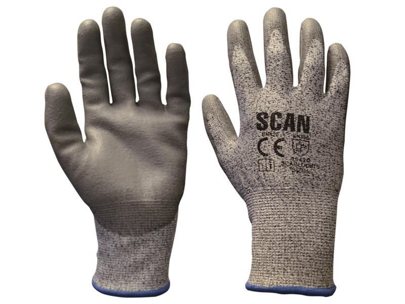 Scan Grey PU Coated Cut 5 Gloves - L (Size 9) SCAGLOCUT5