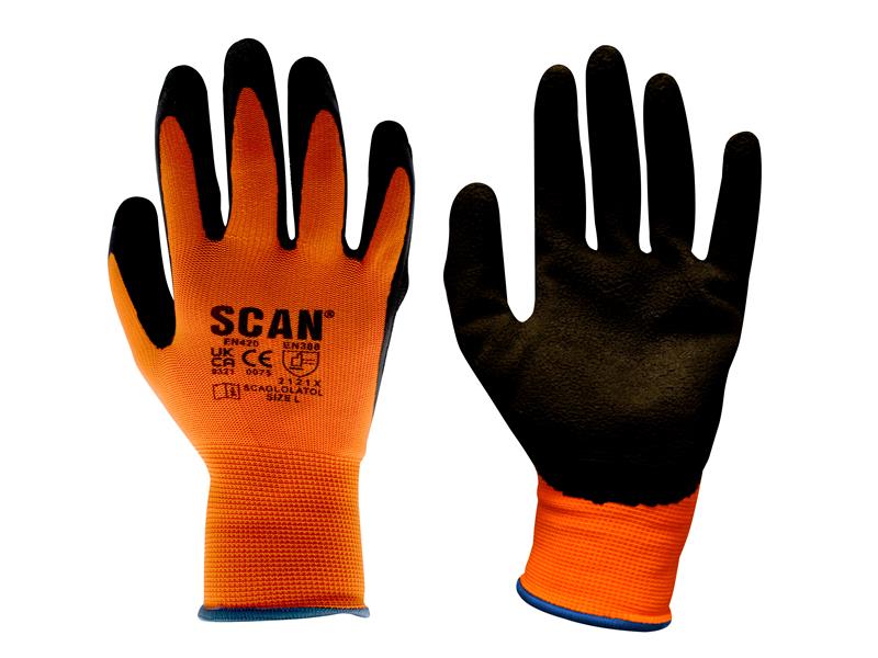 Scan Hi-Vis Orange Foam Latex Coated Gloves - L (Size 9) SCAGLOLATOL