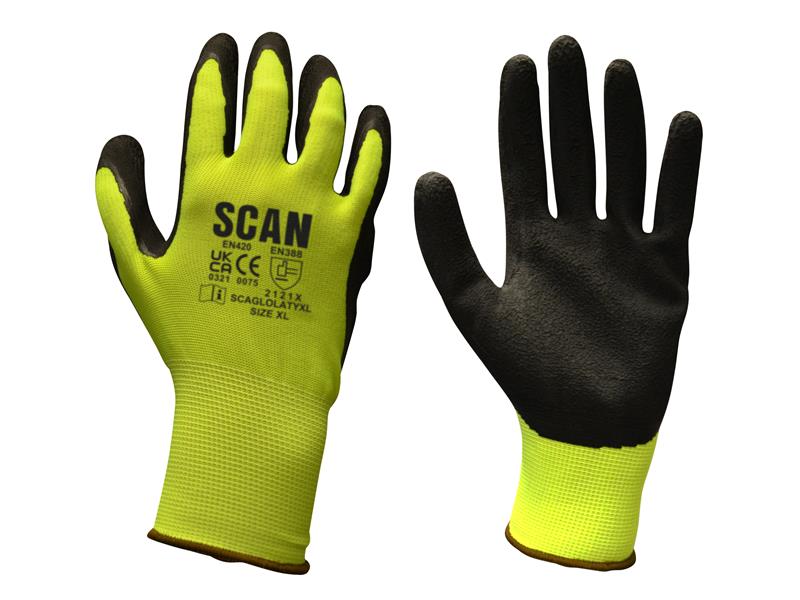 Scan Hi-Vis Yellow Foam Latex Coated Gloves -XL (Size 10) SCAGLOLATYXL
