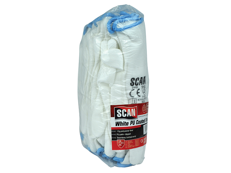 Scan White PU Coated Gloves - L (Size 9) (Pack 12) SCAGLOPUW12L