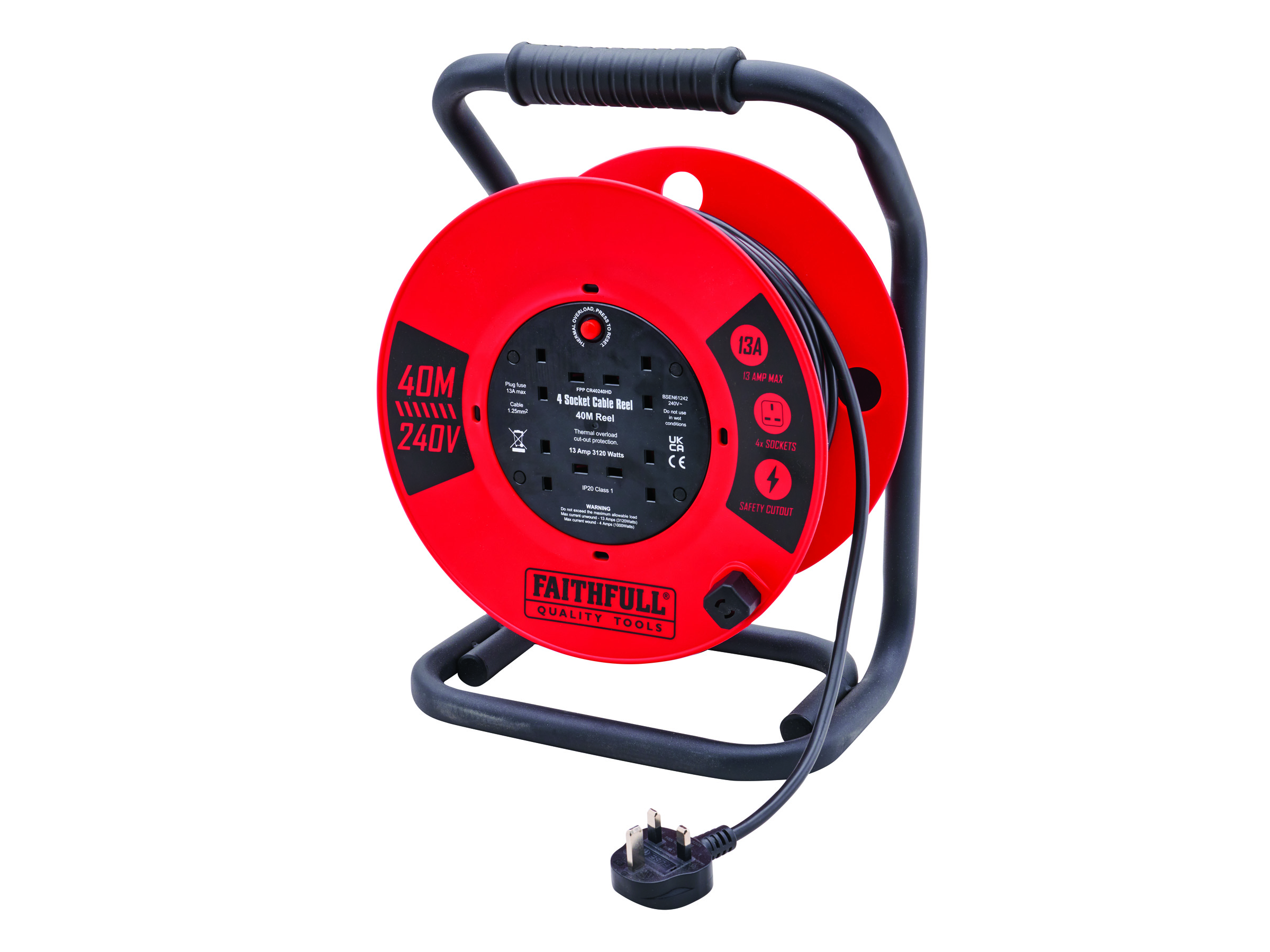 Faithfull FPPCR40240HD / XMS25CR40M 4 Sockets 40m Cable Reel 13amp HD