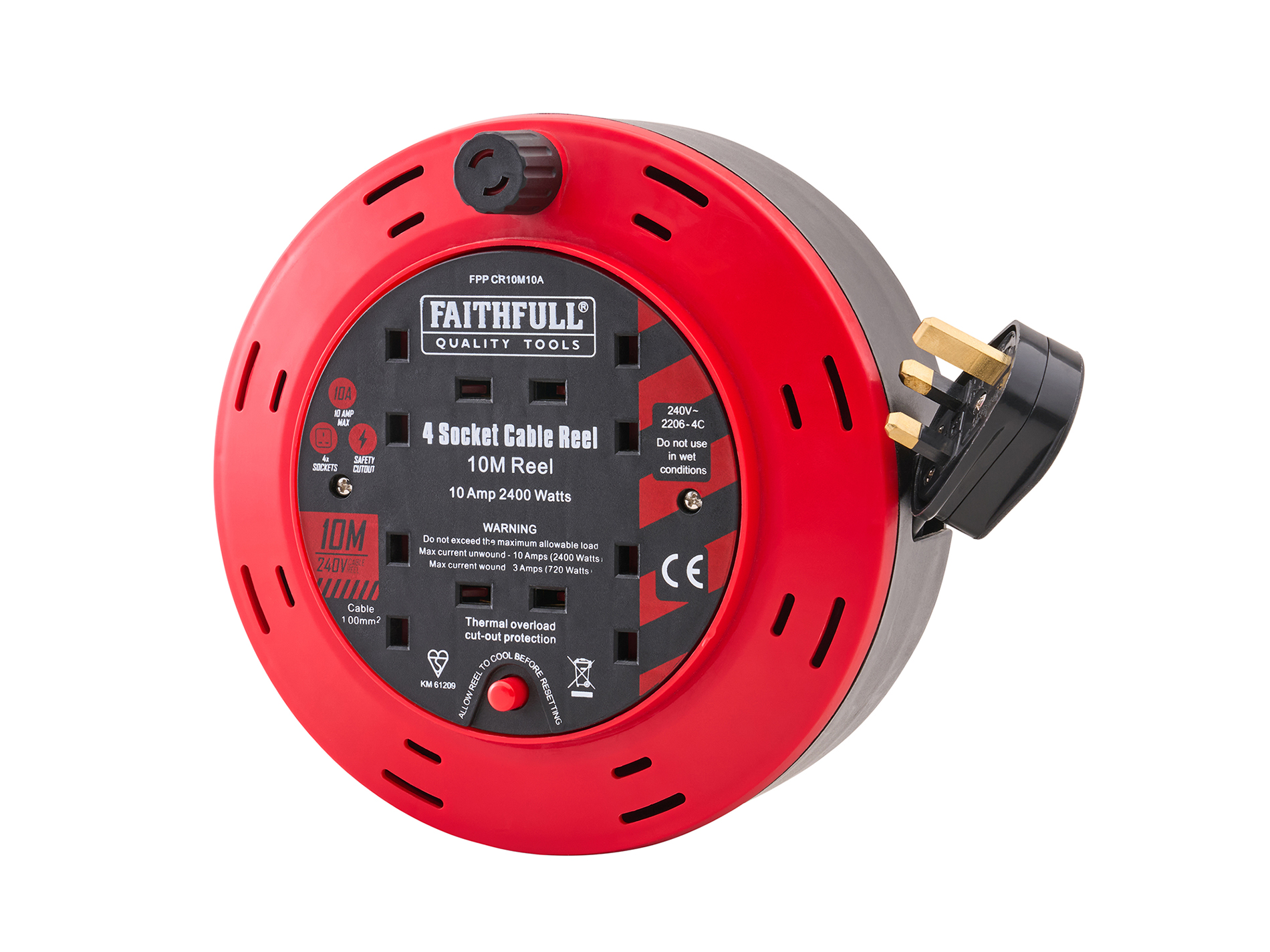 XMS Faithfull 10m Cable Reel 10A, 4 Sockets XMS26CR10M